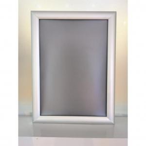 Wall-mounted, water-resistant A4 snap frame made of 25mm aluminum with a sleek silver finish, designed for easy poster changes and display.