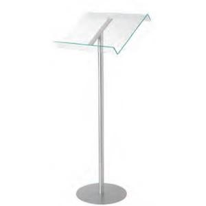 Clear acrylic lectern with a slanted top, supported by a sleek silver metal pole and a round base, designed for displaying materials in a professional setting.
