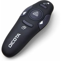 Black Dicota wireless presenter with ergonomic design, navigation buttons, and Dicota logo on the surface.
