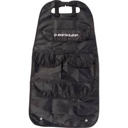 Black car seat bag by Dunlop, measuring 41 cm x 64 cm, features multiple pockets for storage and a durable, water-resistant material with the Dunlop logo prominently displayed.