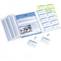 Durable 146600 visitor book with spiral binding, open pages showing columns, and two name badge inserts.