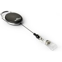 Black Durable badge reel with retractable cord, metal clip, and clear plastic strap attachment.