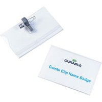 Clear plastic name badge with metal clip and pin, featuring "Durable Combi Clip Name Badge" text on white insert.