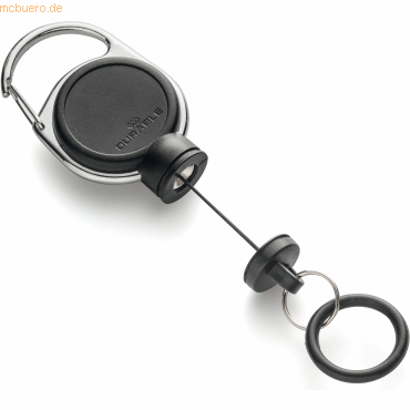 Durable black magnetic carabiner badge reel with a retractable cord and key ring, designed for easy access to keys and ID badges.