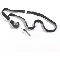 Black textile necklace with retractable badge reel and metal clip, set of 10 pieces.