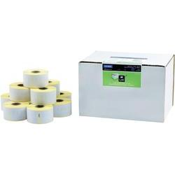 White box containing multiple rolls of large address labels, featuring yellow backing, designed for use with Dymo Labelwriter printers, ideal for bulk labeling.