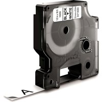Black Dymo label cassette with white polyester tape, showing text "BLACK ON WHITE" and part number on top.