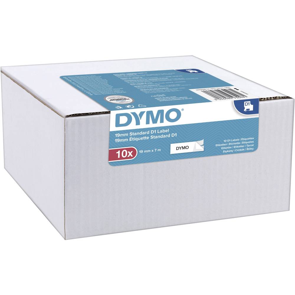 Grey box containing DYMO 2093098 manual tape labels, featuring a blue and white label on the front, with details about the product and dimensions.
