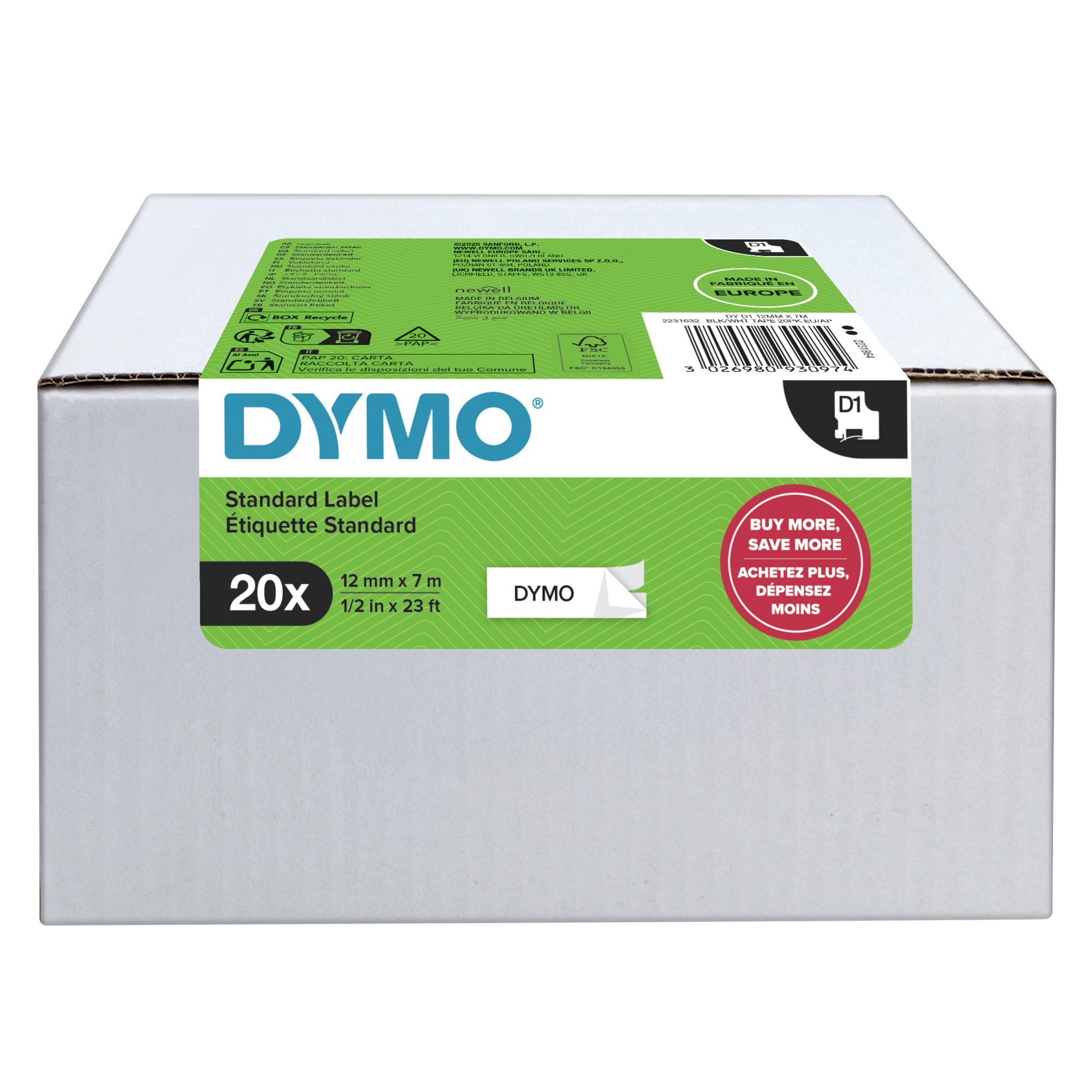 White box containing 20 rolls of Dymo D1 tape, each 12mm wide and 7m long, with a green label highlighting the brand and product details.