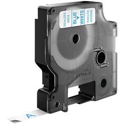 Dymo 40914 label tape cartridge featuring blue text on a white background, measuring 9mm x 7m, housed in a black plastic casing with a clear label on top.