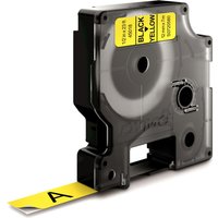 Black Dymo label cassette with yellow label tape, black text, 12mm x 7m, model 45018/S0720580.