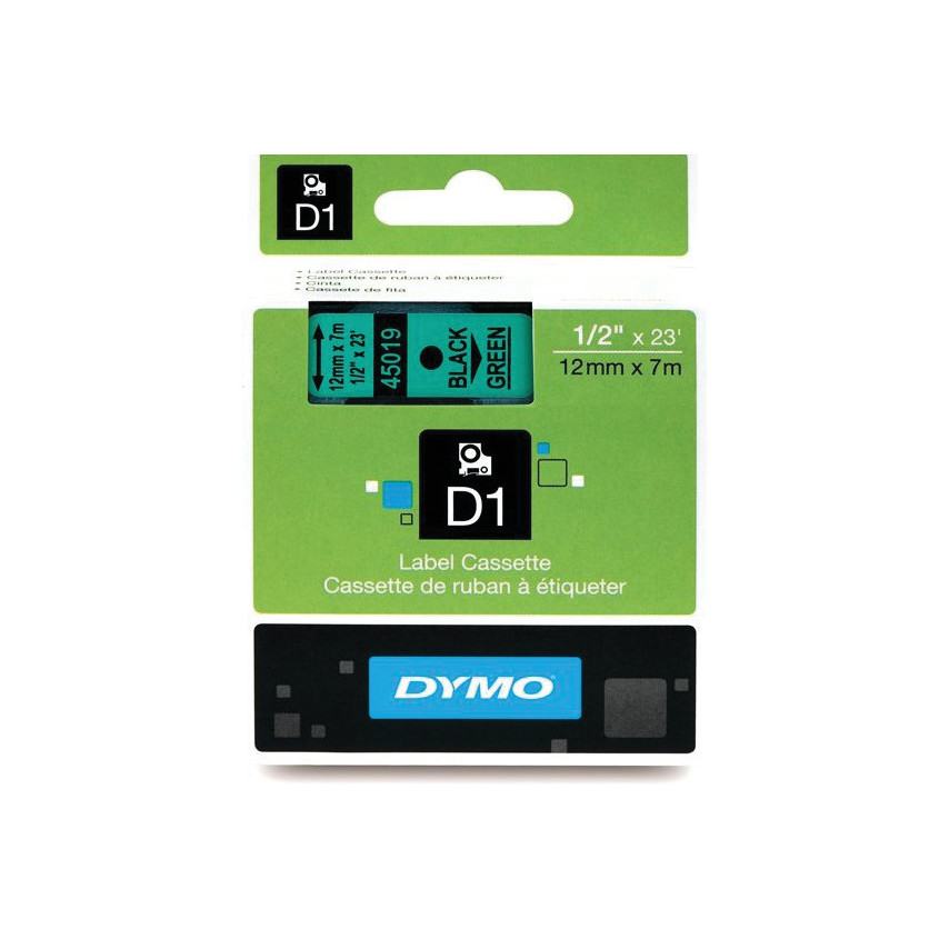Dymo 45019 label tape in a green package, featuring black text, dimensions of 12mm x 7m, and a prominent D1 logo at the top.