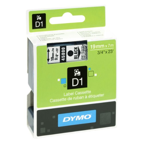 Dymo D1 tape cassette in black on clear, measuring 19mm x 7m, packaged in a green and white box with a clear window showcasing the tape.