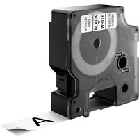 Black Dymo label cassette with visible white label strip, black text, 19mm x 7m size, compact rectangular design.