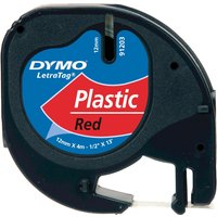 Black Dymo label cassette with red polyester tape, blue and red label, 12mm x 4m size.