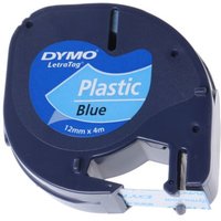 Blue Dymo LetraTag label tape cassette, 12mm x 4m, with plastic blue label and dark casing.