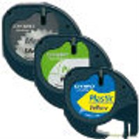 Dymo DirectLabel bundle with white, yellow, silver labels in dark plastic casings, each with a label preview window.