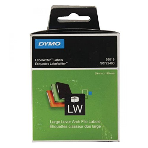 Large lever arch file labels by Dymo, measuring 190 x 59mm, packaged in a black and white box with a blue logo and clear label specifications on the front.