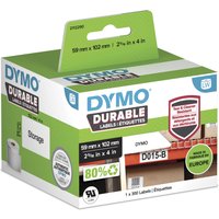 DYMO LabelWriter Durable Labels box, white poly, 59mm x 102mm, green accents, storage label example shown.