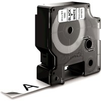Black Dymo D1 Durable label cassette with white tape, 19mm width, featuring a visible spool and label exit slot.
