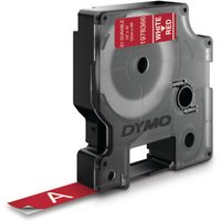 Black Dymo D1 Durable label cassette with white on red tape, 12mm width, featuring a visible red label strip.