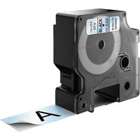 DYMO D1 Standard label cassette, black on transparent, 24mm, with a black plastic casing and visible label strip.