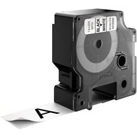 DYMO D1 Standard label cassette, black text on white tape, 24mm width, black plastic casing with visible label strip.