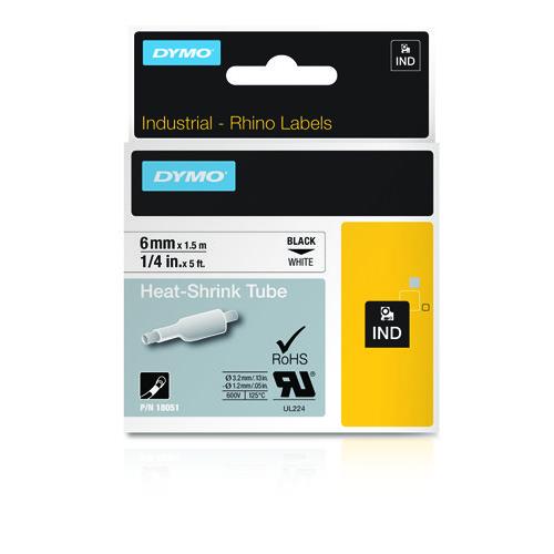 Black and white packaging for DYMO IND Heat-Shrink Tube Labels, measuring 6mm x 15m, featuring a clear label window and industrial design elements.