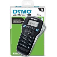 Black DYMO LabelManager 160 label printer with QWERTY keyboard and LCD screen, packaged in green and white box.