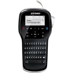 Dymo handheld label printer in black with a white screen, featuring a full keyboard, buttons for navigation, and a label output slot, designed for 12 mm max label width.