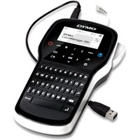 Black DYMO LabelManager 280 label printer with QWERTY keyboard, LCD screen, and USB cable.