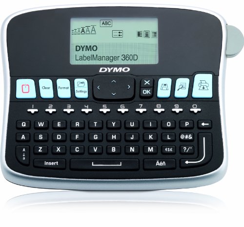 Handheld Dymo LabelManager 360D printer featuring a black and silver design, a QWERTY keyboard, LCD screen, and blue function buttons for easy label creation.