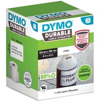DYMO LabelWriter Durable Labels box, green and white, 104 x 159mm, with label roll image and durability icons.