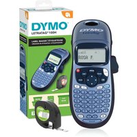 Blue DYMO LetraTag 100H label printer with LCD screen, full keypad, and black tape cartridge, next to green box.