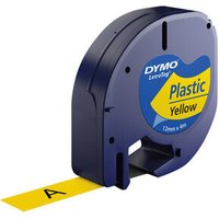 Blue DYMO LT Plastic label tape cartridge with yellow tape extending, featuring a bold yellow and blue label design.
