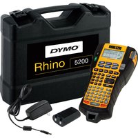 Black and yellow DYMO RHINO 5200 label maker with keypad, LCD screen, and black carrying case.
