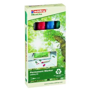 Assorted pack of Edding permanent markers featuring red, blue, green, and black colors, displayed in eco-friendly packaging with a tree design.