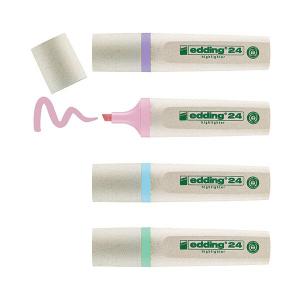 Set of four pastel highlighters in eco-friendly packaging, featuring lavender, pink, mint green, and light blue colors, with a broad chisel tip for highlighting.