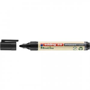 Black Edding 28 Ecoline whiteboard marker with a round tip, 1.5-3 mm nib, featuring a recyclable design, shown with the cap removed, part of a box of 10 pens.