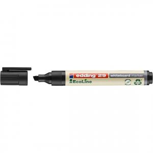 Black chisel tip whiteboard marker with a 1-5 mm nib, featuring a recyclable design and labeled "Edding 29 EcoLine," packaged in a box of 10 pens.