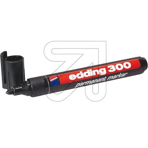 Black permanent marker pen with a 1.5 to 3 mm tip, featuring a red and white label that reads "edding 300," and a removable cap.
