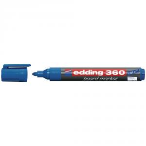 Blue Edding 360 whiteboard marker with a bullet tip, featuring a 1.5-3mm line width, displayed with the cap off, showcasing its sleek design and branding.