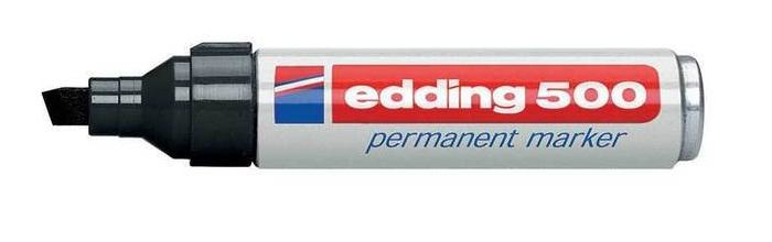 Black Edding 500 permanent marker with a fine tip, featuring a white barrel and a red and blue logo, packaged in a set of ten.