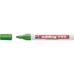 Green Edding 750 paint marker with a fine tip, featuring a white barrel and red branding, displayed alongside a box containing ten markers.
