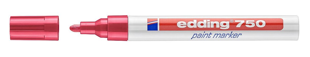 Red Edding 750 paint marker with a chisel tip, featuring a white barrel and a pink cap, designed for vibrant, opaque markings on various surfaces.