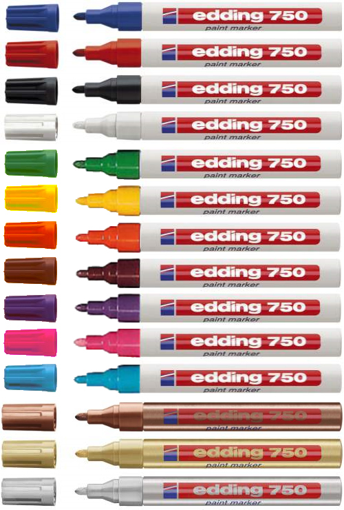 Ten Edding 750 paint markers in various colors including yellow, red, blue, green, and black, featuring a sturdy plastic body and a fine tip for precise application.
