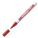 Red 2 mm fine tip paint marker pen with a white barrel, designed for use on metal, glass, wood, and plastic surfaces, featuring a removable cap.