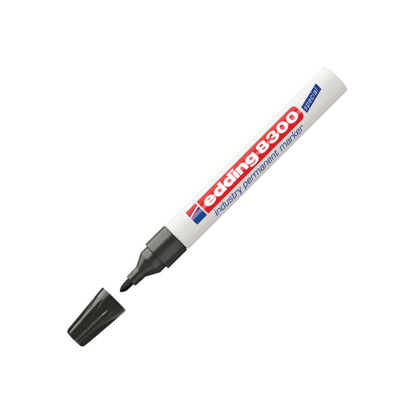 Black Edding 8300 permanent marker with a fine tip, featuring a white barrel and red-blue branding, displayed with its cap off, part of a box of 10.