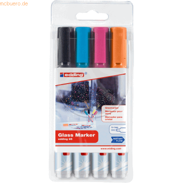 Pack of four Edding 95 glass markers in black, orange, pink, and blue, featuring a fine tip and a transparent plastic case for easy storage and visibility.