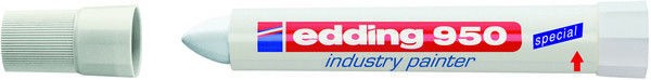 White Edding 950 paint marker pen with a round tip, featuring a white barrel and red and blue branding, designed for industrial use.